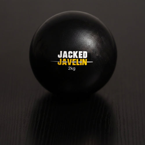 Jacked Javelin 2kg javelin plyo ball, heaviest black overload ball with gold logo, front view