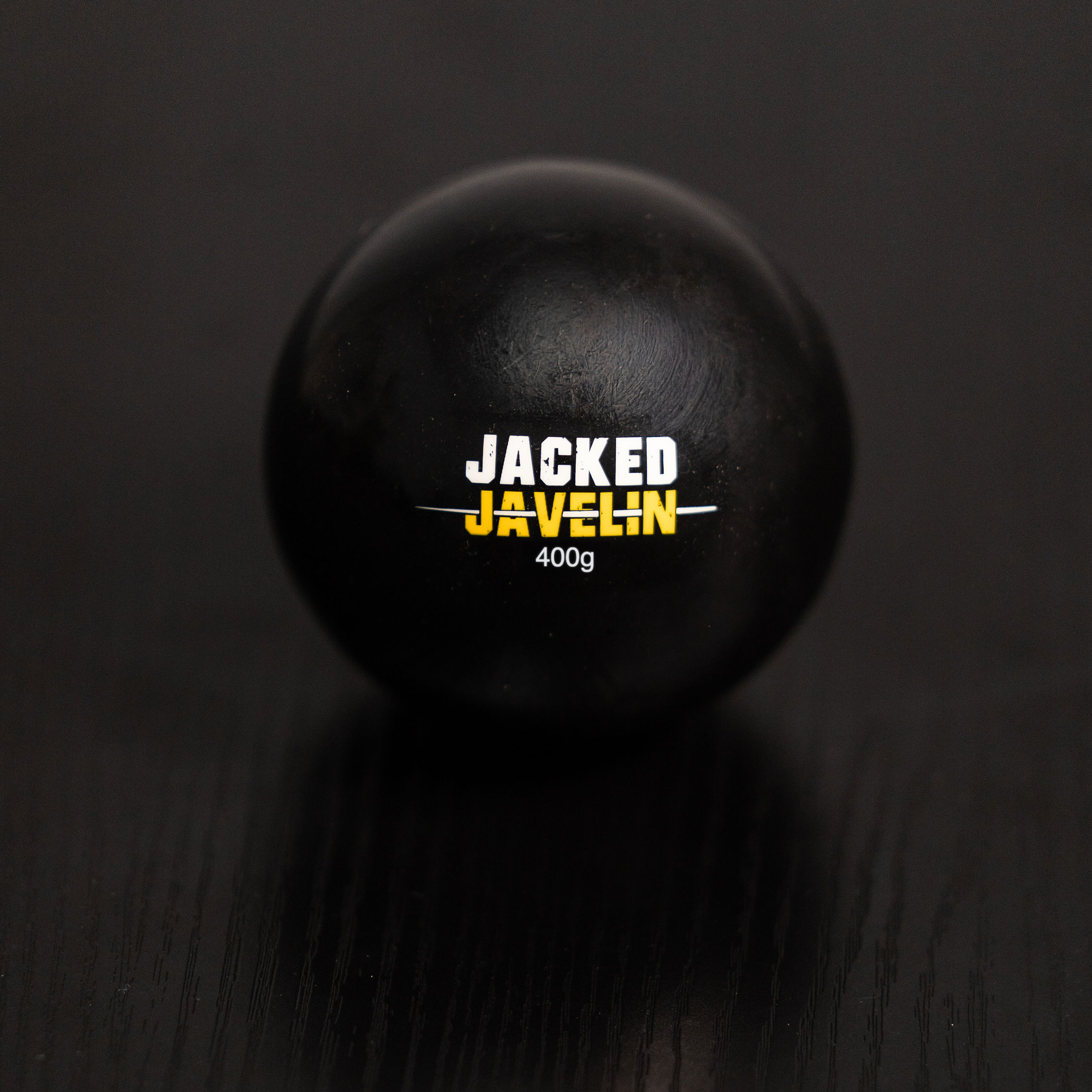 Jacked Javelin 400g javelin plyo ball, black with white and gold logo, front view of the lightest speed ball