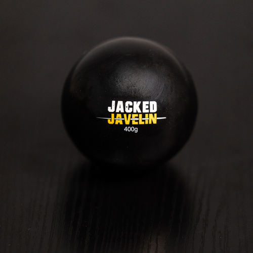 Jacked Javelin 400g javelin plyo ball, black with white and gold logo, front view of the lightest speed ball