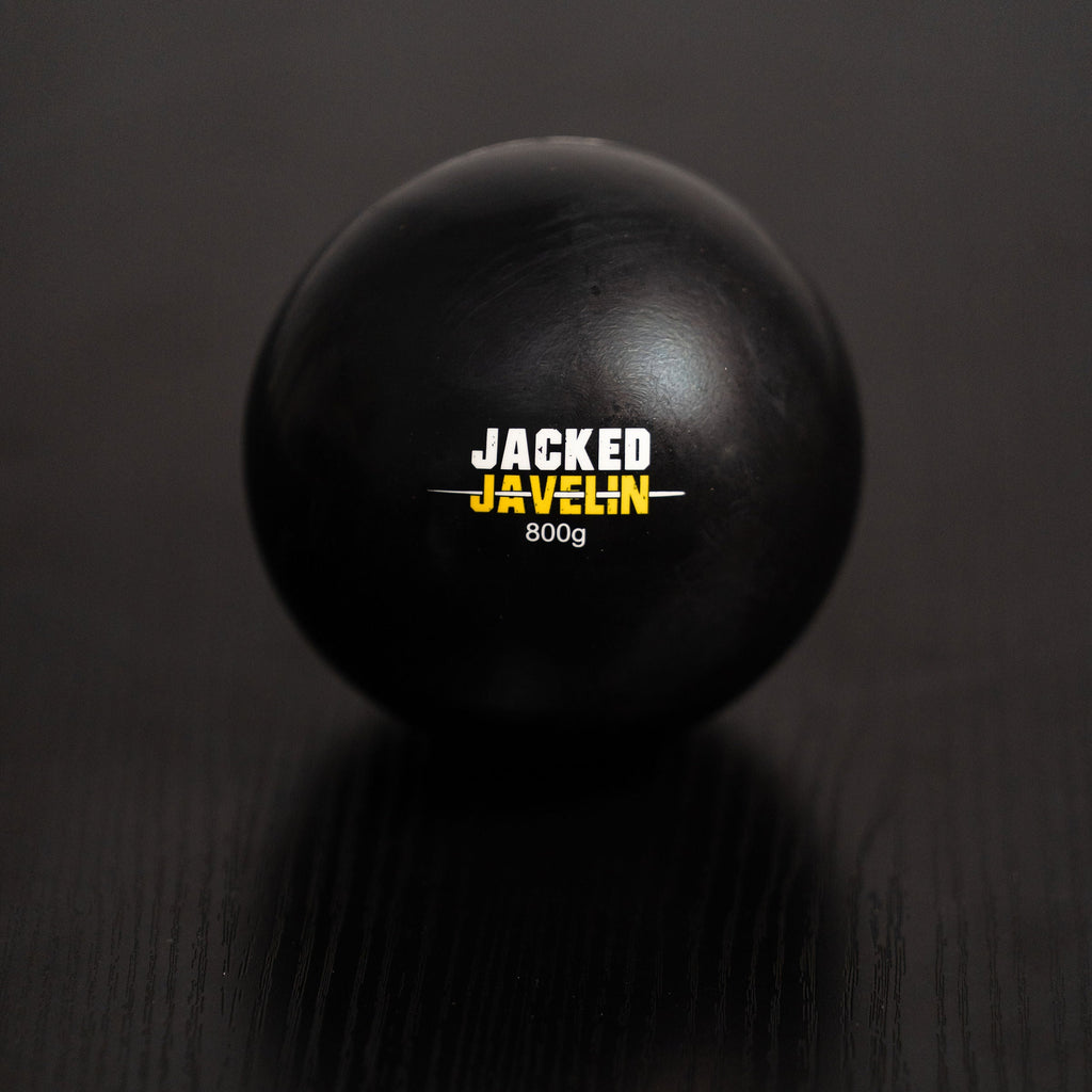 Jacked Javelin 800g javelin plyo ball, black weighted training ball with gold logo, men's competition weight