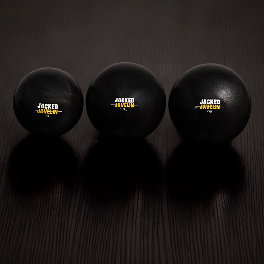 Jacked Javelin heavy plyo ball kit, 1kg 1.5kg 2kg black overload balls with gold logos, three-ball set