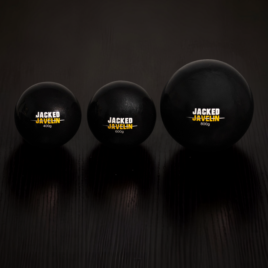 Jacked Javelin light plyo ball kit, 400g 600g 800g black javelin balls with gold logos, three-ball set